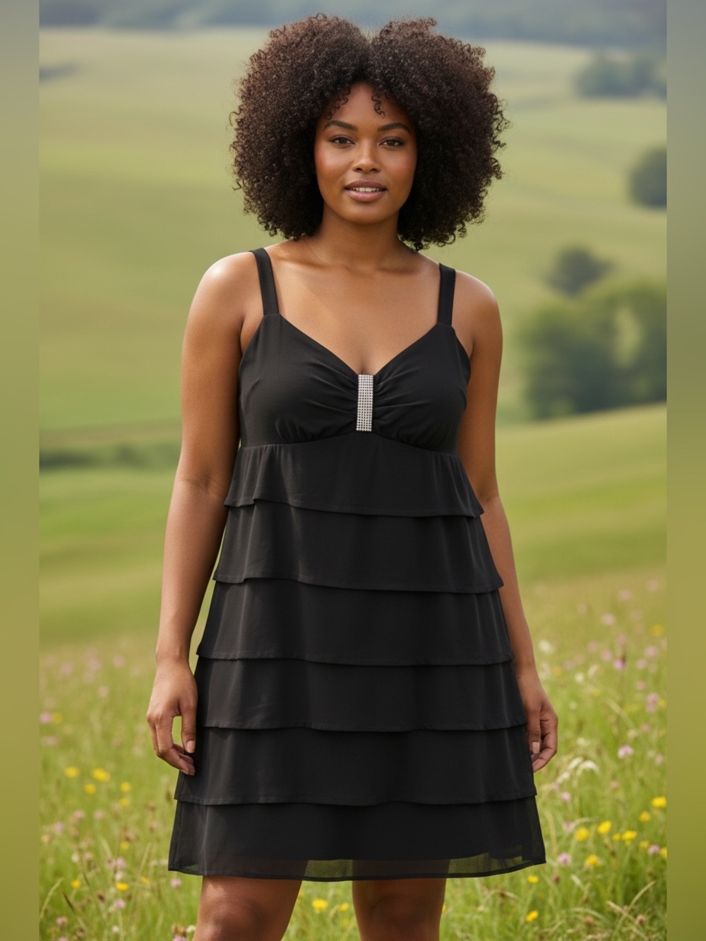 Laura Plus Elegant Black Layered Dress-V-Neck-Rhinestone Embellishment-Size24W